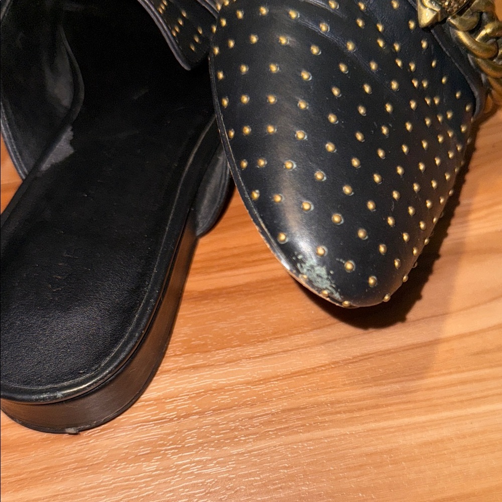 Kurt Geiger Black Leather Pointed Slip-On Mules with Gold Chain - Picture 15 of 16